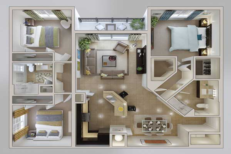 Những mẫu bố trí mặt bằng nội thất 3d đẹp cho căn hộ chung cư